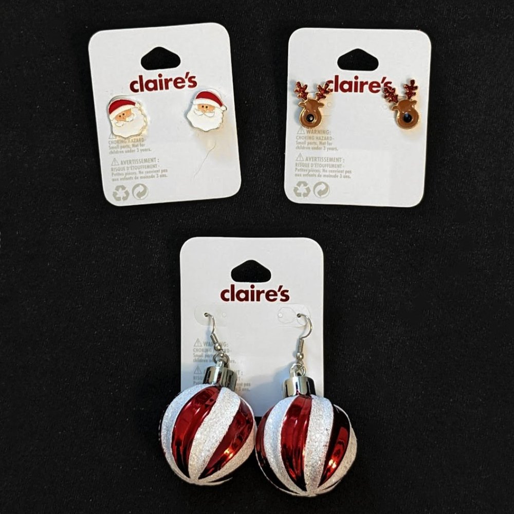 3 Pr NEW Christmas Pierced Earrings Santa Big Dangle Balls Reindeer Cute